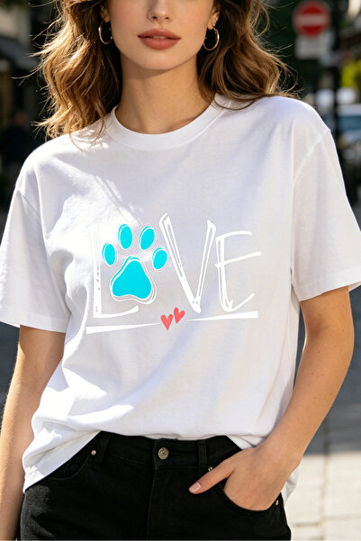 Fleck تي شيرت نسائي بتصميم مطبوع عليه Love Paw، تصميم كاجوال، قميص قطني أبيض ...
