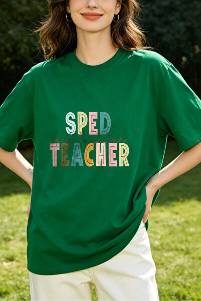 Fleck تي شيرتات نسائية بتصميم نصوص ملونة من Sped Teacher، تصميم كاجوال فضفاض