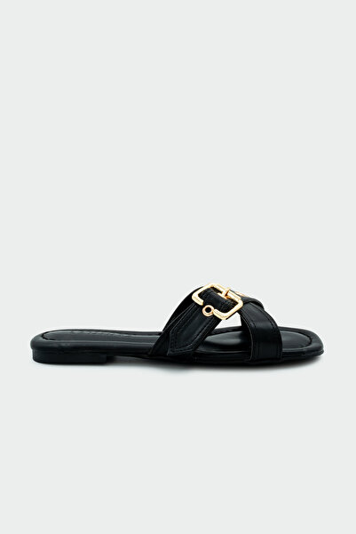 LAMİNTA Miles Buckle Detailed Women's Black Flat Slippers