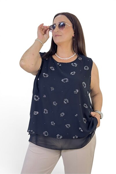 yagmurberen Crew Neck Japanese Sleeveless Stone Embroidered Double Layer Plus...