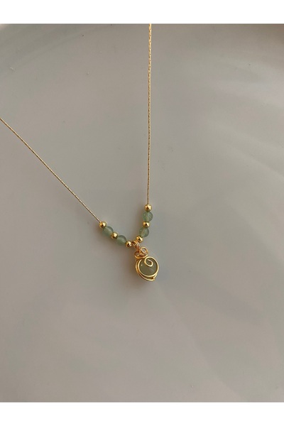 Anetta Jewelry Kadın altın renk yeşil aventurin doğal taş altın kaplama kolye