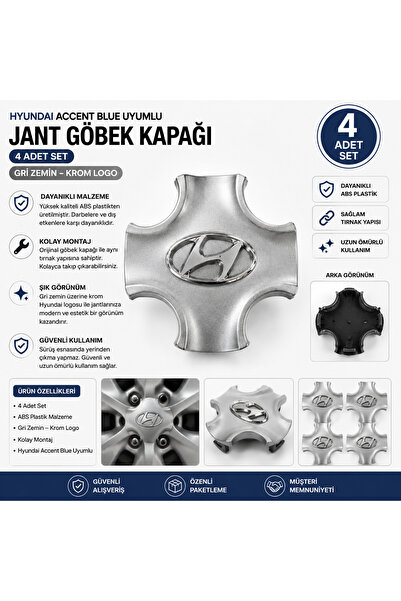 OTOYOL Hyundai Accent Blue Uyumlu Jant Göbek Kapağı Gri ABS Plastik 4 Adet Set