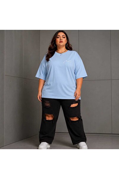 ZAVIXO Büyük Beden Kadın Oversize Dağ Baskılı Basic Tişört Bisiklet Yaka Kısa...
