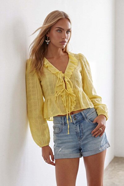 Trend Alaçatı Stili Women's yellow ruffle detail lace-up front guipure blouse...