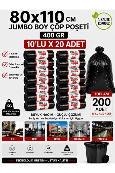 New City 80x110 cm 90 Litre Jumbo Boy Çöp Torbası 200 Adet Siyah Dayanıklı En...