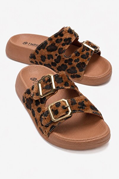 CCWAY AYAKKABI Women's Double Buckle Slippers Taba Leopar