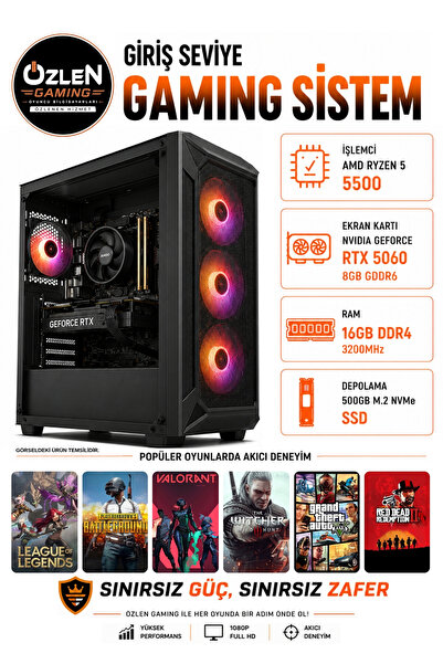 ÖZLEN X11 RYZEN 5 5500 RTX 5060 8GB 16GB RAM 500GB M.2 SSD Oyuncu Bilgisayarı