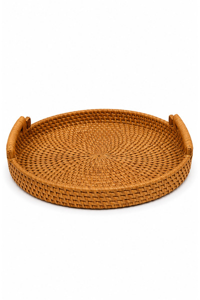 ipekbambuhome Doğal El Örgüsü Kulplu Rattan Servis Tepsisi ve Sunumluk 25x3 cm