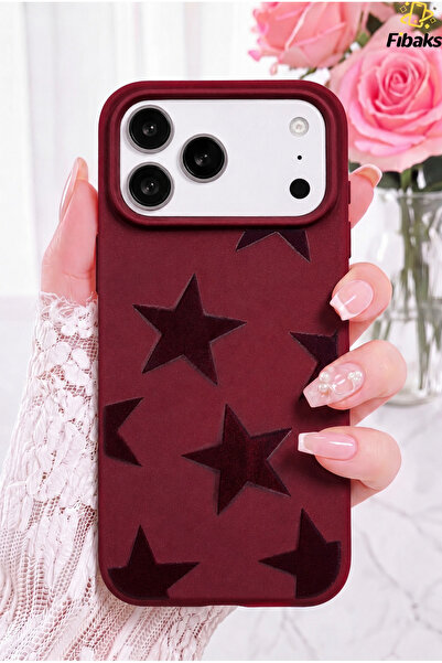 Fibaks iPhone 17 Pro Max Kılıf Bordo Yıldız Star Desenli Silikon Darbe Emici ...