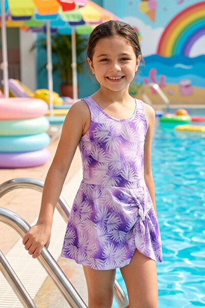 Haliç Mayo Zero Sleeve Dress Swimsuit Girls' Swimsuit 26302 Purple