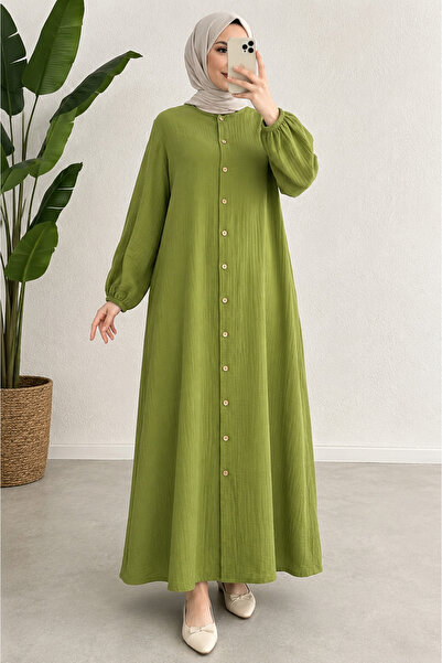 EMZEYN Pamuklu Müslin Tesettür Elbise 145 cm Oversize Düğmeli Salaş Yazlık El...