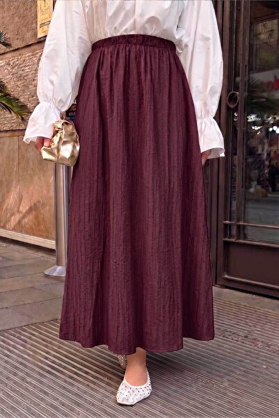 LOCCO Women's Lined Elastic Waist Self-Patterned Seersucker Skirt Burgundy