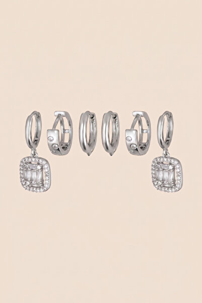Hetra Silver Color Steel Zircon Stone Square Baguette Figured 6-Piece Hoop Ea...