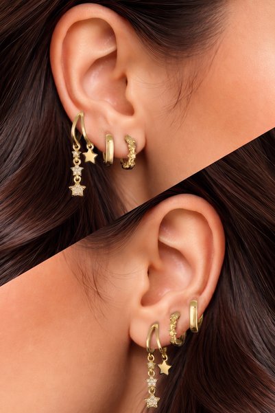 Hetra Gold Color Steel Zircon Stone Row Star Dangle Earrings Set of 6