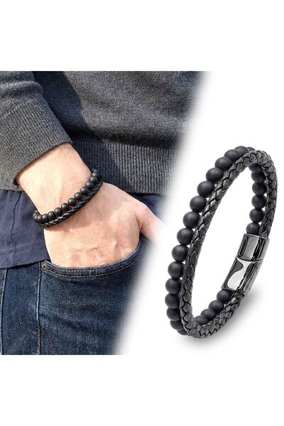 OGHAMAY Onyx Natural Stone and Leather Men's Bracelet 18392B7D1