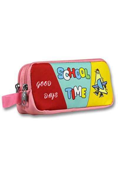 Cennec Two-Compartment School Time Printed Pink - Green Girls' Pencil Bag - 6071