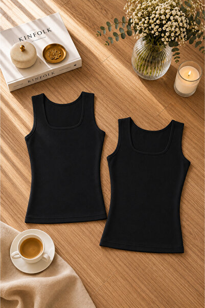ROZELT Women's Black Square Collar Strappy Cotton Lycra Combed Cotton 2-Piece...