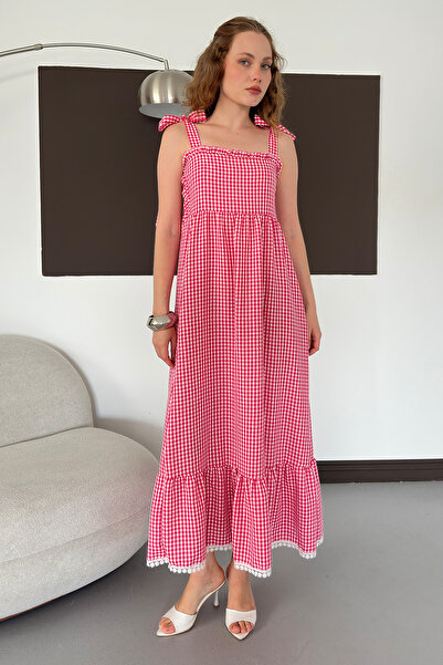 VERYMODA Women's Gingham Patterned Maxi Dress with Strap Tie Detail |   D3108