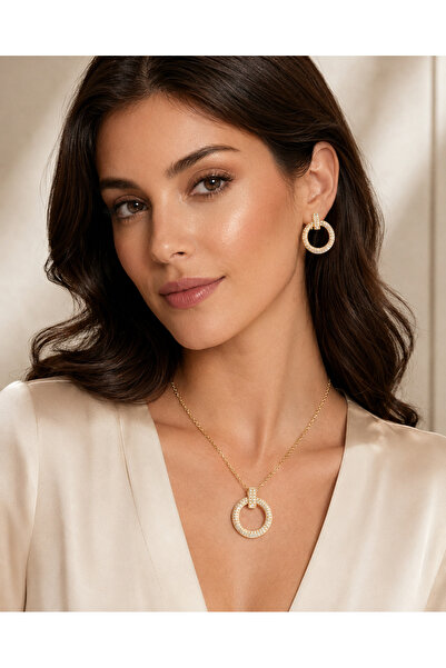 Rexon Gold Steel Jewelry Set Trendy Circle Necklace with Earrings Tarnish-Fre...