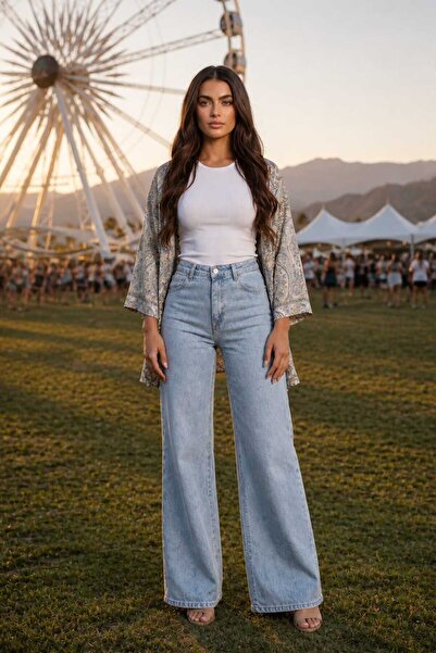 we-rayss Yüksel Bel Likralı Geniş Paça Kadın Kot Jeans - Buz Mavi Pantolon