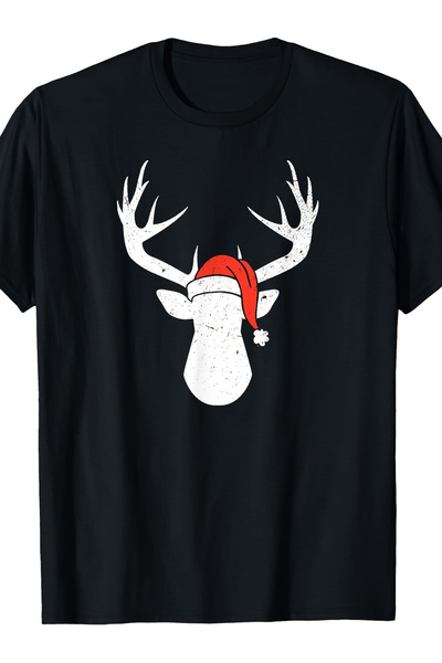 1001moda Men'S Santa Hat T-Shirt Black with White Deer Head Print, Short Slee...