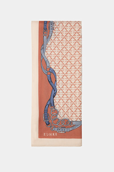 Zühre Buckle Belt Printed Geometric Patterned Orange Shawl 0064