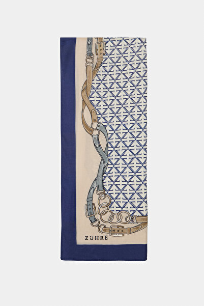 Zühre Buckle Belt Printed Geometric Patterned Blue Shawl 0064