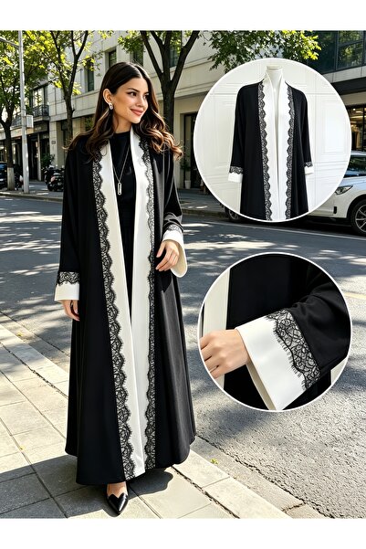 Noon Noora Black and White Spliced Lace-trimmed Front-opening Abaya (no Heads...