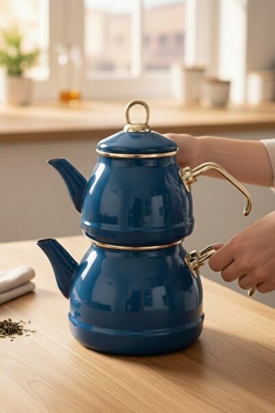 ALBETTO Retro Enamel Teapot Set Glossy Petrol Blue Gold Handle