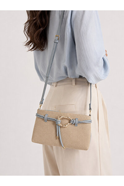 zetus Molly Model Blue Stripe Detailed Straw Textured Baguette Hand and Shoul...