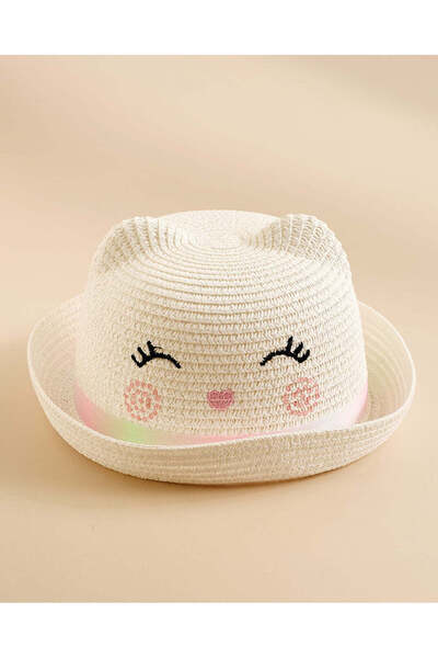 REDTAG Girls White Character Embellished Straw Hat