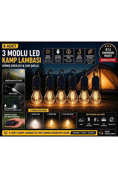 Lexi Bella 6 ADET Güneş Enerjili USB Şarjlı 3 Modlu LED Asma Kancalı Taşınabi...