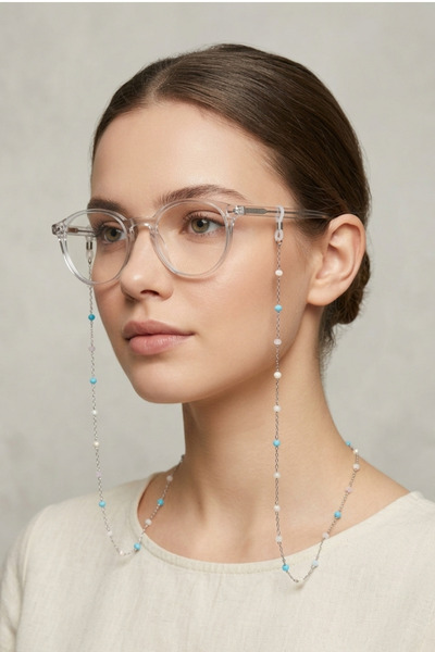 PETEK AKSESUAR Elegant Pink Lila Blue Crystal Brass Eyeglass Chain