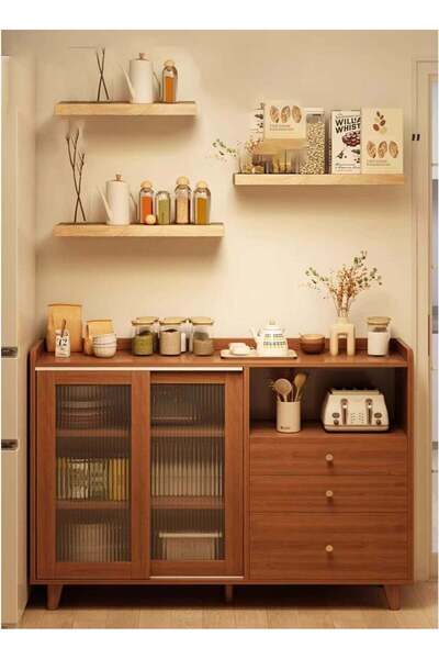 sharpdo Coffee Corner Kitchen Side Cabinet with Drawers and Sliding Doors, La...