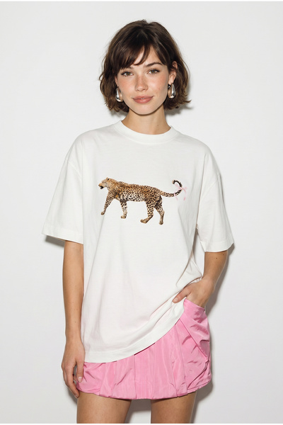 Bianco Lucci Women's 100% Cotton Cheetah Printed Oversize T-Shirt Öt261125 60...