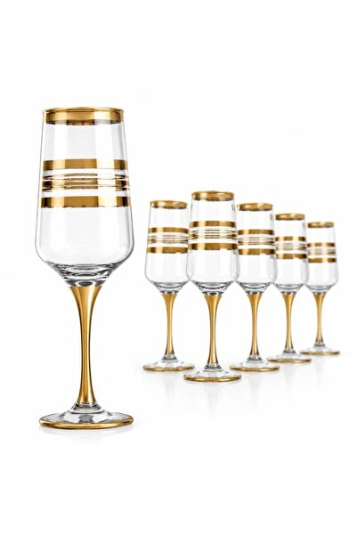 hey Set de 6 pahare flaut, cu picior de 22 cm, model cu decor auriu, transparent