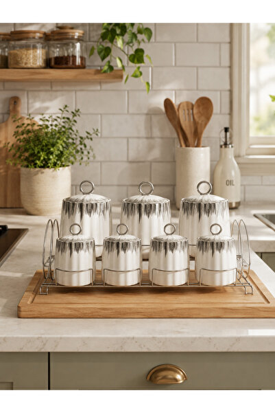 CEZVE HOME Porcelain Spice Jar Set 7 Pieces with Silver Detail and Metal Stan...