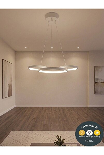 Lzy Avize Store Trinty Beyaz Tasarım Led Avize - 3 Renk Modlu Salon, Yemek Ma...