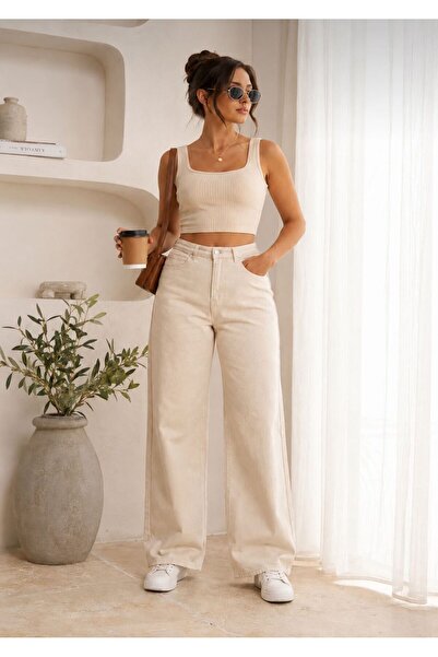 SAPAKTEKS Women's Lycra Cream Palazzo Jean Trousers High Waist Wide Leg Comfo...