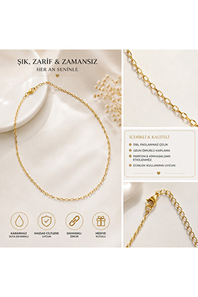 Kase Jewelry Altın Renkli, Paslanmaz Çelik, Ince Halkalı Zincir Kolye