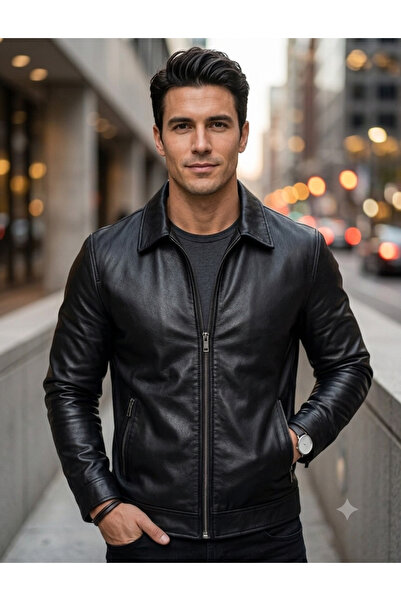 Arpag Global Black Faux Leather Jacket Slim Fit Cut High Collar