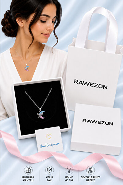 RAWEZON Steel Angel Wing Crescent Necklace with Box and Bag - Gift for Woman,...