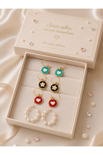 Yağmur Women's Heart-Shaped Pearl Earring Set, Set of 4, Black, Red, Blue, Wh...