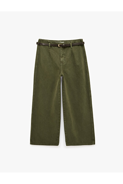 Koton Cotton Pocketed Buttoned Belt Detailed Short Wide Leg Pants - Crop Wide...