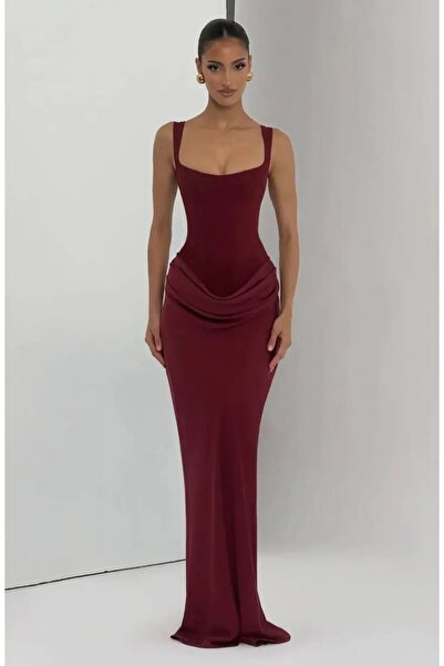 Cool & Sexy Maxi Length Lace-Up Adjustable Corset Detailed Dress – Burgundy