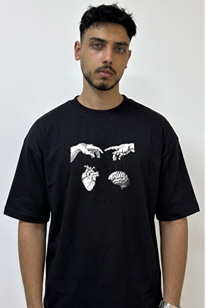 Anetos Heart Brain Art Design Printed Oversize Black T-Shirt
