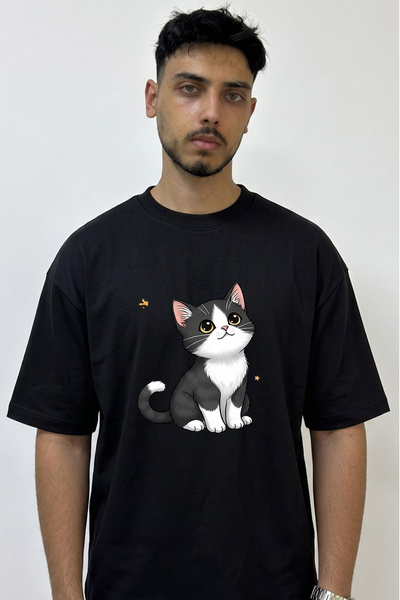 Anetos Caricature Cat Design Printed Oversize Black T-Shirt