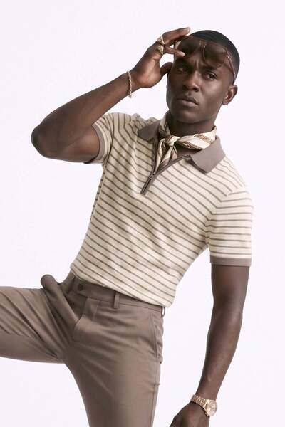BARRELS AND OIL Men's striped polo collar half-zip t-shirt - ash