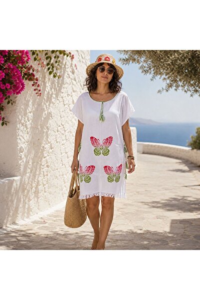 BIJUTERI Par-13027 White Red Green Butterfly Patterned Muslin Beach Dress & P...