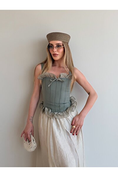 Laluvia Khaki Heart Collar Ruffled Bustier - 4198